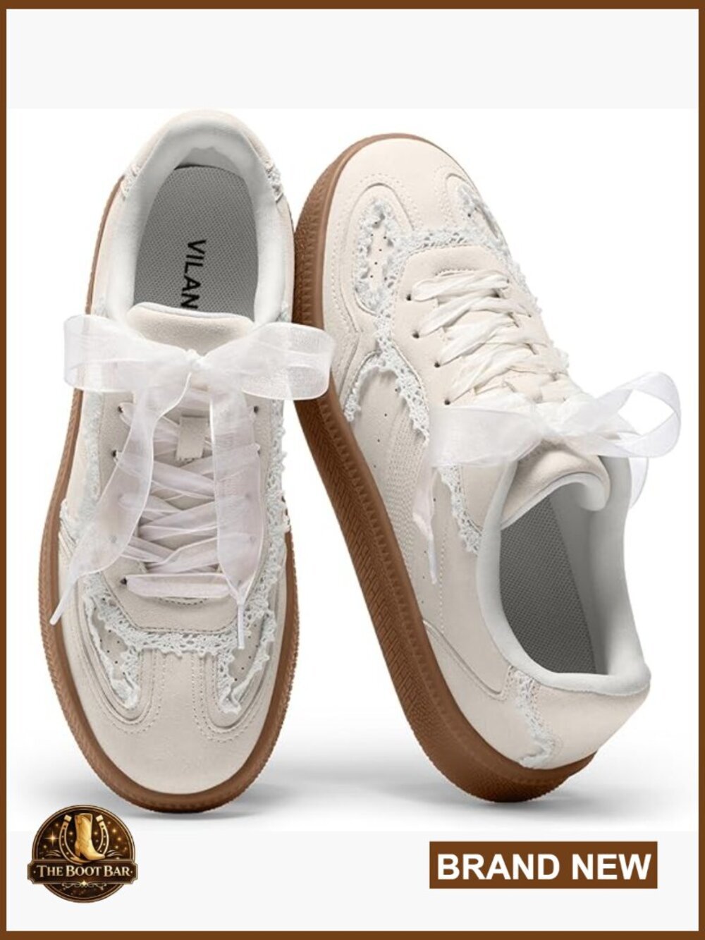 Lace Detail Fashion Sneakers with Retro Gum Sole, Comfortable Walking Shoes
